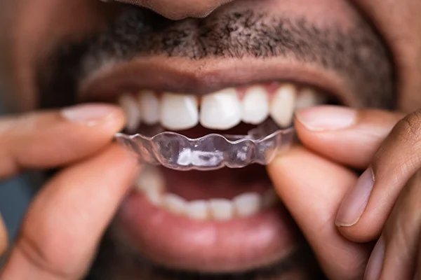 Close up of a bearded Black man putting clear aligners on his teeth at D.A. Dental in Auburn, MA