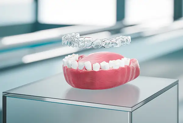 Clear aligner positioned above a pink dental model on a reflective surface, showcasing modern orthodontic technology at D.A. Dental in Auburn, MA